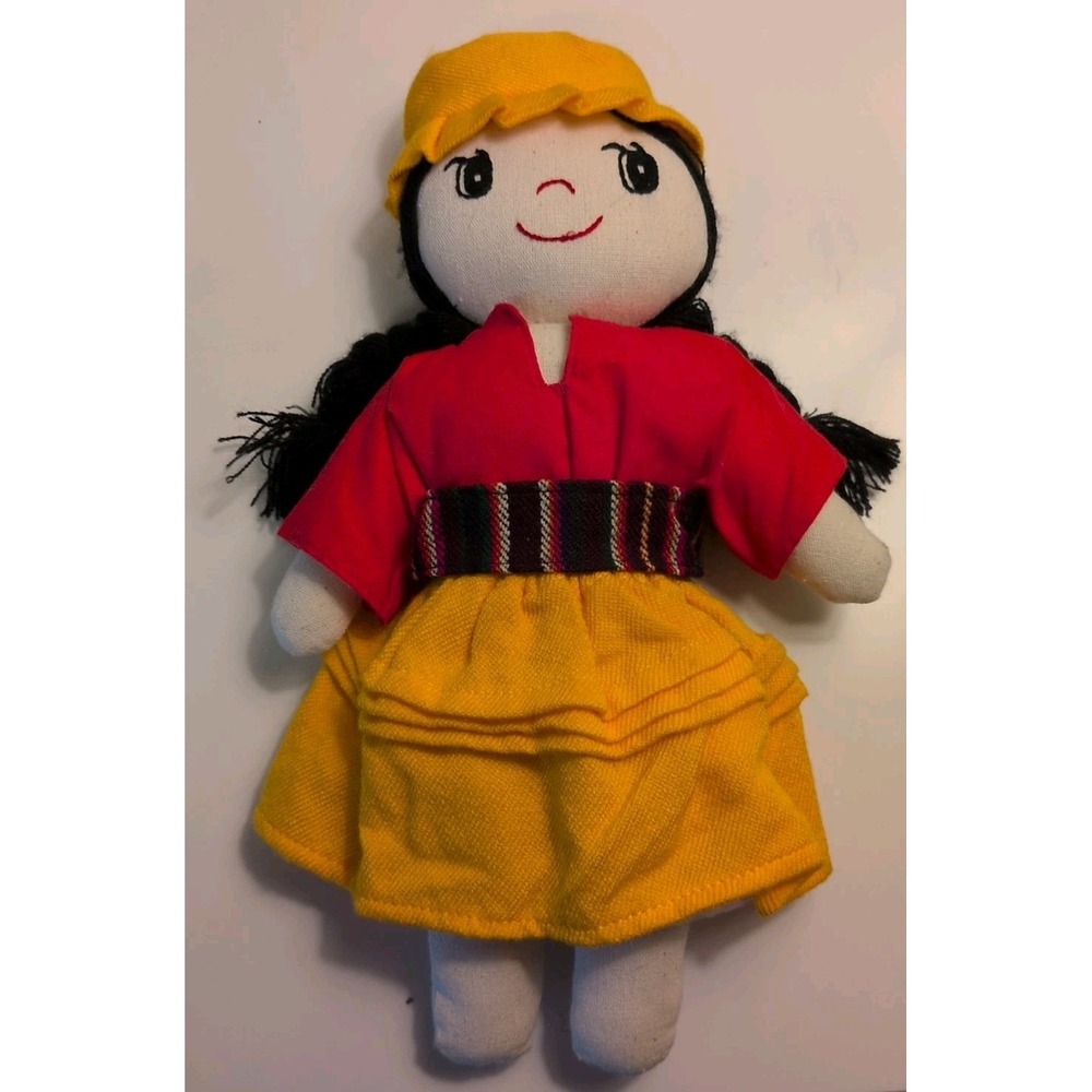 Bolivian Fabric Doll Handmade Ethnic Cloth 12" Yellow Red Dress Black Braids NEW